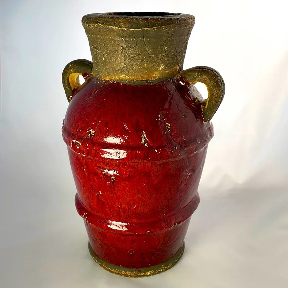 Vintage Red Glazed Pottery Amphora Vase 12” Rustic Tuscan Two Handle Urn